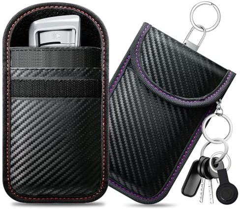 caslord Keyless Go - Funda Protectora para Llave de Coche (2 Unidades, Faraday Bags, Fibra de Carbono, Cuero, Keyless Go, Bloqueador RFID) - 11,5 x 7,5cm(Rojo y Morado)