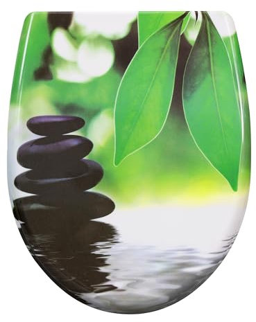 eSituro Toilettendeckel, WC Sitz mit Absenkautomatik, Klodeckel mit Schnellverschluss, 360° verstellbaren Scharnieren, Klobrille aus Duroplast, Druck mit grünen Blättern und schwarzen Steinen