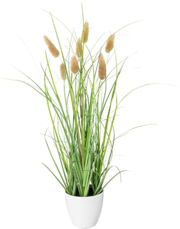 CREATIV green künstliches Gras im weißen Topf 40 cm mit echten getrockneten Wedeln I künstliches Ziegras im Topf I dekoratives Schilfgras für Innen I hochwertige & dekorative Kunstpflanze