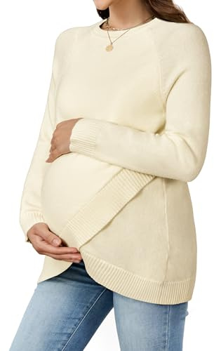 OUGES Womens 2025 Fall Maternity Sweater Shirts Long Sleeve Crewneck Crossover Ribbed Hem Plus Size Pregnant Top Blouse Wool Blend Winter Casual Pregnancy Must Haves Clothes (Apricot,M)