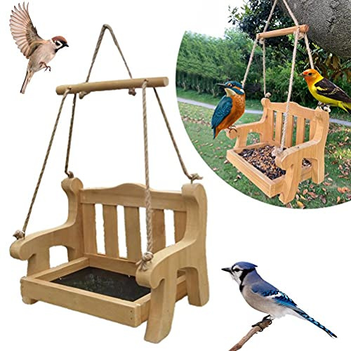 PUNELE Bird Feeder, Swing Hanging Bird Feeder Wooden Chair Shape for Windowsill Tree (Wood color)