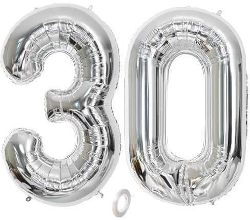 Balorise 40 Inch Giant Silver Foil Balloon Number 30, Inflatable Helium, Large Number 0-9, 10-100 (101 cm), Foil Balloons Decoration for Birthday Party and Wedding