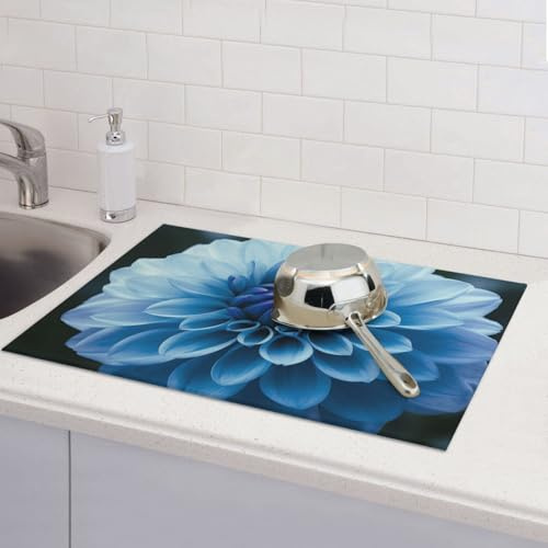 Tapetes de secado de platos de flores de dalia azul para encimera de cocina, almohadilla de secado de microfibra absorbente, reversible, lavable, 18 x 24 pulgadas, fácil de limpiar, para decoración