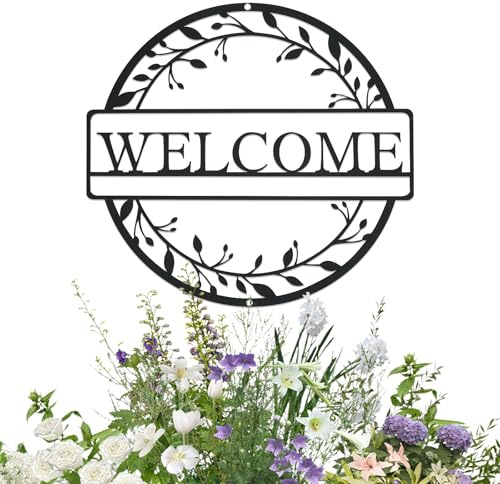 JINGIHE Diameter 30cm Metal Welcome Sign Black, Home Letters Hanging Wreath for Decoration Front Door Wall Porch Farmhouse Housewarming Gift Outdoor Indoor Entryway Office Living Room Kitchen
