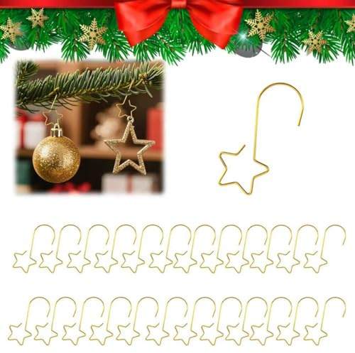 CUVZORA 100 Stück Kugelaufhänger für Christbaumkugeln, S-Haken Klein mit Stern, Weihnachtsbaum Haken, Edelstahl Schnellaufhänger, Christbaumschmuck für Weihnachtskugel(Gold)