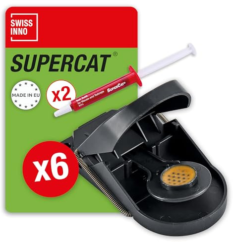 SWISSINNO Musfälla SuperCat – musetrap inomhus/utomhusbruk – patenterad lösning – effektiv + återanvändbar musmatta med jordnötssmör bete – omedelbart fånga och döda – 6 fällor + 2 betessprutor