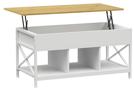 HOGAR24 ES - Mesa de Centro Elevable con Almacenaje – Estilo Industrial, Color Blanco y Madera, Compartimentos Abiertos y Ocultos – Estable y Fácil de Montar