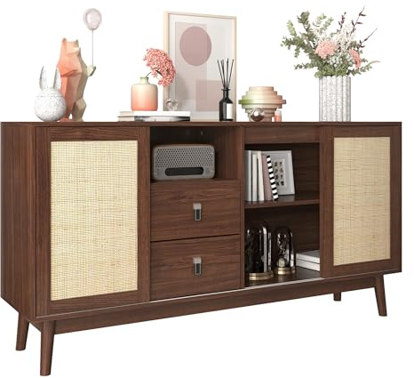MUZHIXIANG Aparador con puertas correderas de ratán y cajones, cómoda con gran espacio de almacenamiento, aparador estable con patas de madera maciza para salón, comedor y pasillo (madera oscura)
