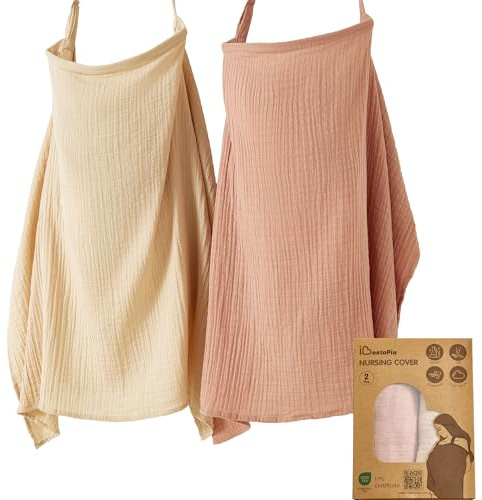 IBESTOPIA 2 Pack Nursing Covers for Breastfeeding, 100% Cotton Muslin, Lightweight & Breathable, Full Coverage with Adjustable Strap (Linen & Dusty Pink)
