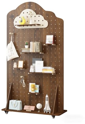 HJZALMI Tablero Perforado Madera, Paneles Almacenamiento Exhibición Bricolaje 1,6 Cm Grosor Ruedas Giratorias 360°, Kit Organizador Combinado Oficina En Casa(marrón,60x126cm)