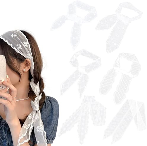 ANNUOZE Spitzenbänder, Weiße Spitze, 6 Stück | Chiffon, vielseitig als Haarband/Halstuch/Taschenaccessoire, Boho-Stil, elegantes Accessoire für Damen