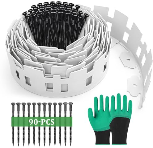 YushengTai Weiß Rasenkante, Flexible Rasenkante Kunststoff Länge 15m Höhe 10 cm mit 90 Erdanker + 1 Paar Handschuhe, Beeteinfassung für Blumenbeetumrandung, Mähkante, Pflasterkante und Gartenpalisade