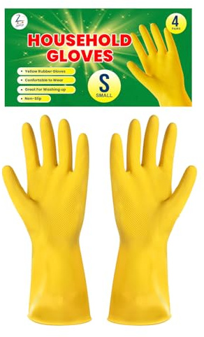 ZOPPER Household Cleaning Gloves, Small, 4 Pairs, Yellow Rubber | Kitchen & Dishwashing, Non-Slip Grip, Waterproof Durable, Bathroom, Household Cleaning Tasks