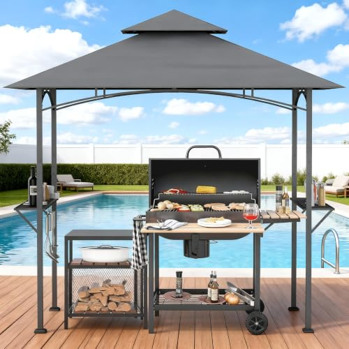 Verdego Grillpavillon 244x151x251cm, Grill Pavillon mit Doppeldach, Seitenablage, Haken, Grillüberdachungen Wetterfest Winterfest Flammhemmend, Grillunterstand für Garten, Außenbereich (Grau)