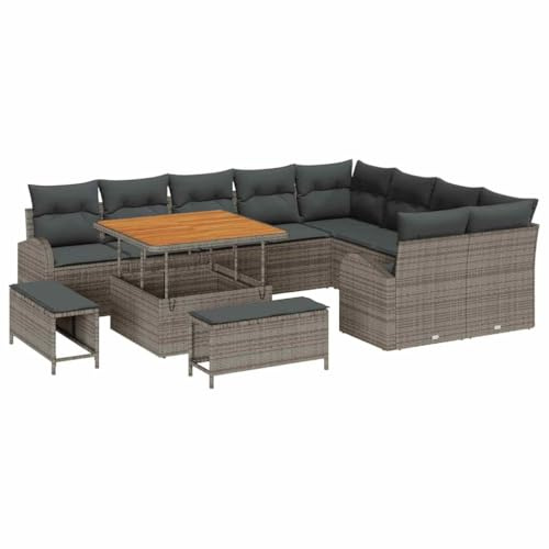 Mhdvray Gartensofa Set 12-TLG Grau 100x100x71 cm Poly-Rattan Ecksofa mit Stauraum loungesofa Outdoor wetterfest Akazienholz Couch für Terrasse Balkon Garten