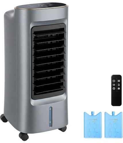 HOMCOM - Refrigerador de aire móvil 4 en 1 humidificador, purificador y ventilador, oscilación 90°, 4 velocidades, 3 modos, tanque de agua 6L, paquetes de hielo, mando a distancia, para habitación de