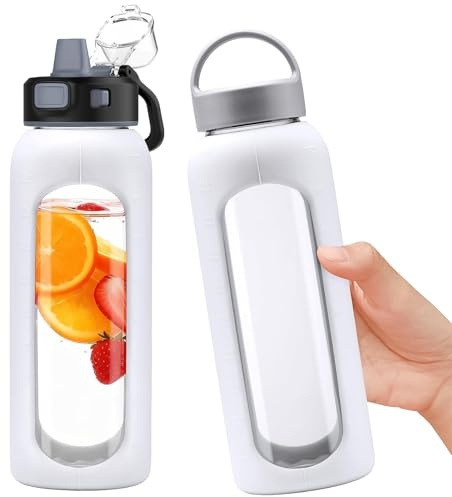 BLUEGO 900ml Bouteille d'eau verre avec 2 couvercles-Couvercle à verrouillage par simple pression et poignée Gourde réutilisable avec marquage du temps Pour voyages Maison Sport Sans BPA, Bleu foncé