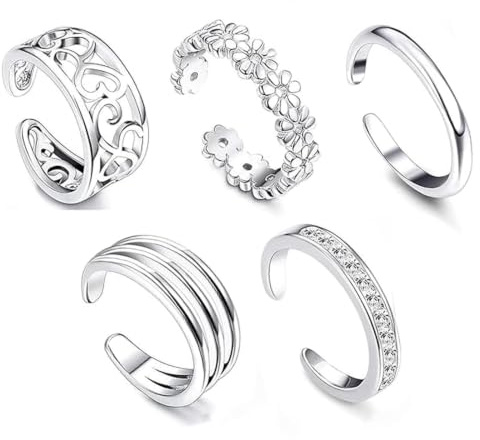 Hounyou 5 PCS Silver Toe Rings for Women, Adjustable Open Toe Ring Set