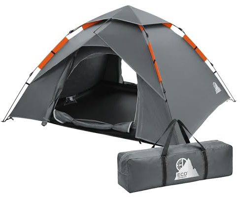 ECD Germany Tienda de Campaña 4 Personas, Gris, Impermeable y Resistente al Viento, Tienda Camping Familiar con Cúpula, Doble Pared y 2 Puertas, y Bolsa de Transporte para Acampada