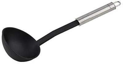 Fackelmann Schöpflöffel 30 cm OVALGRIFF, praktische Suppenkelle aus Kunststoff mit ergonomischem Griff aus Edelstahl, Küchenhelfer zum Kochen (Farbe: Silber/Schwarz), Menge: 1 Stück