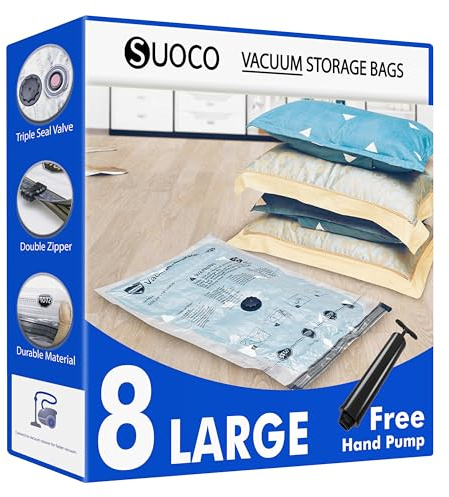 SUOCO Vakuumbeutel für Kleidung – 8er Set L (mit Handpumpe), große Vakuumbeutel für Bettdecken und Kleidung, ideal für Reisen und Aufbewahrung