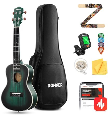 Donner Ukulele Concerto da 23 pollici Professionale Kit, Ukule in Mogano per Principianti Adulti Bambini con Lezioni Online, Borsa, Cinturino, Accordatore, Corda Aquila, DUC-200B Blu