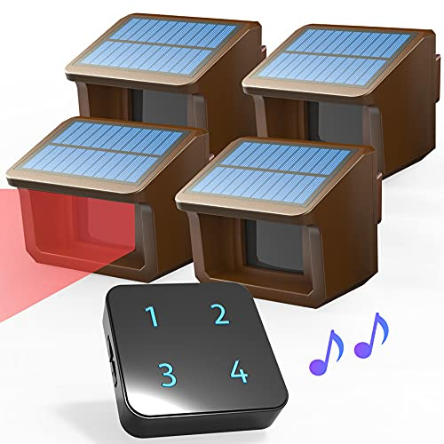 Driveway Alarm System- Solar Driveway Alarms-1 Receiver and 4 Sensors KIT | 3 Adjustable SensitivitiesFully Weatherproof Outdoor Motion Sensor&Detector DIY Security Alert System