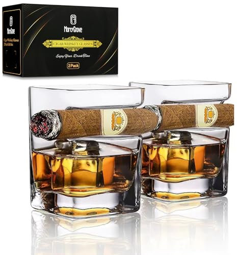 MortyGrove Zigarren-Whiskygläser, altmodisches Glas mit integrierter Zigarrenablage, Bar-Glasbecher, Kristall-Whiskyglas-Set mit Zigarrenhalter, 340 ml