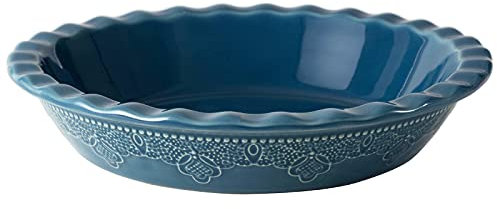 Fun Elements Pie Pan, 9 Inch Ceramic Pie Dish, Deep Dish Pie Pan with Lace Emboss, Ruffled Pie Plate for Baking, Thanksgiving Christmas Gifts(Grayish Blue)