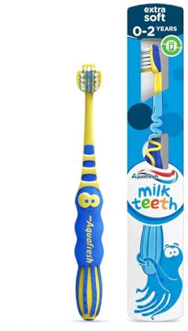 Aquafresh Milk Teeth Baby Toothbrush, Specially Designed for Children aged 0-2 by Dental Experts, Toddler Toothbrush in Plastic-free Packaging, Extra Soft Bristles - Assorted (Random) Color
