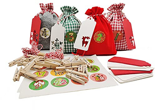 Adventskalender zum Befüllen, Weihnachtskalender Stoffsäckchen zum Selberfüllen, 24 Geschenksäckchen Kette zum selber befüllbar und Aufhängen, Jutesäckchen Jute Beutel, Zahlen Buttons, Kalender Schnur