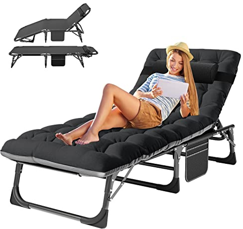 ABORON 5 Positions Camping Cots for Adults,Outdoor Folding Sleeping Cot/Mat,Folding Chaise Lounge Chair with Pillow,Portable Reclining Chair for Beach Lawn Camping Pool,Sunbathing Chairs