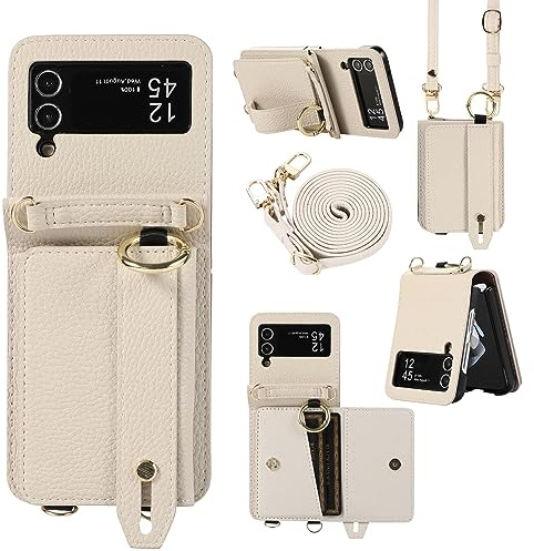 XMTON Coque pour Samsung Galaxy Z Flip 4 Coque Crossbody avec Portefeuille - Emplacements pour Cartes - Support Anneau - bandoulière - Étui de Protection en Cuir pour Samsung Z Flip 4, Blanc