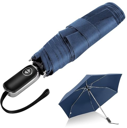 LEAGERA Automatic Flat Umbrella -Collapsible Portable Pocket Umbrella for Travel - Compact Mini Small Ultralight for Backpack, New Dark Blue