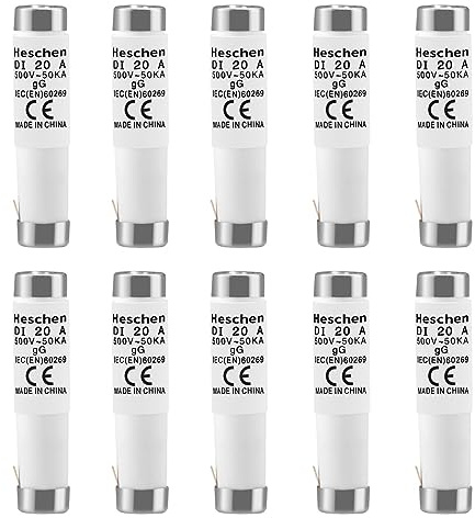 Heschen Eslabones fusibles cerámicos Neozed, eslabón fusible tipo DI, 20A 500VAC, tipo gG, para protección de cables y líneas, 10 unidades