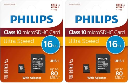 Carte Philips Micro SDHC 16 Go Classe 10 INCL. Adaptateur UHS-I U1 (Lot de 2)