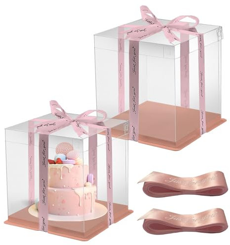 HYRYC 2 Pezzi Scatola per Torta Trasparente Alta Cake Box Scatole per Torte Plastica 30 x 30cm 10 Pollici Scatola Torta Trasparente con Nastro per Dessert per Imballaggio da Forno (Rosa)