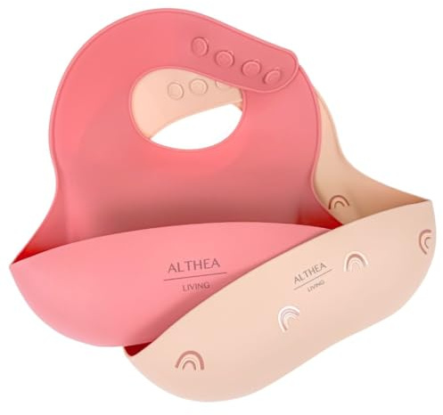 Althea Living Set de 2 Baberos Impermeables de Silicona Orgánica para Bebés | Ajustables y Cómodos 6m-4a | Fáciles de Limpiar, Flexible y Portable | Sin BPA, Beige Arcoiris, Rosa Profundo, Silicona