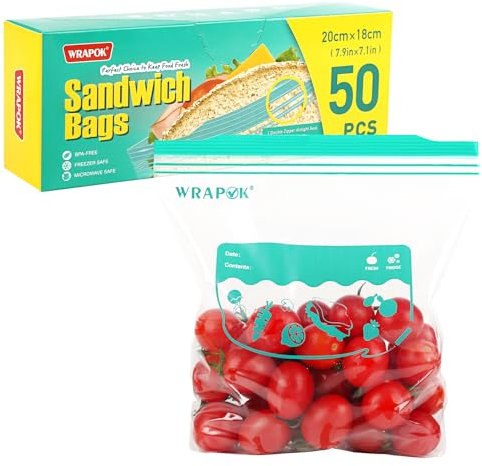 WRAPOK Medium Ziplock Freezer Bags Zip Food Bags Resealable Plastic Sandwich Bag for Kitchen, 7.9 x 7.1 Inch - 50 Count