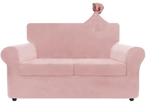 ZNSAYOTX Luxury Velvet Sofa Cover 3 Piece (57-70) Stretch Loveseat Covers for 2 Cushion Couch Thick Soft Couch Slipcover with Non Slip Strap, Dog Pet Friendly Nice Furniture Protector (Rose)