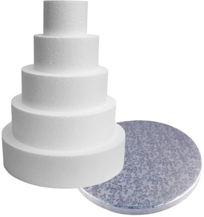 Cake Company Torten Dummy Set 5 Etagen mit Tortenplatte | 25cm hohe, hochwertige Styropor Torte | Deko-Torte ⌀ 30,25,20,15,10 cm - 5cm Höhe | weiß (5 Stöckig) + Cake Board