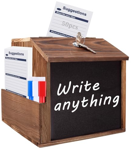 Wood Suggestion Box with Slot and Lock,Wooden Tip Money Drop Donation Boxes For Saving Fundraising,Prayer Ballot Comment Box Countertop Wall Mounted with Chalkboard and Keys for Church,Wedding