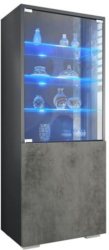 Vitrine Granada, Made in Germany, Vitrinenschrank mit Glastür und Glaseinsatz inkl. LED, Anthrazit matt/Beton Dunkel Optik (50 x 122,5 x 34,5 cm)
