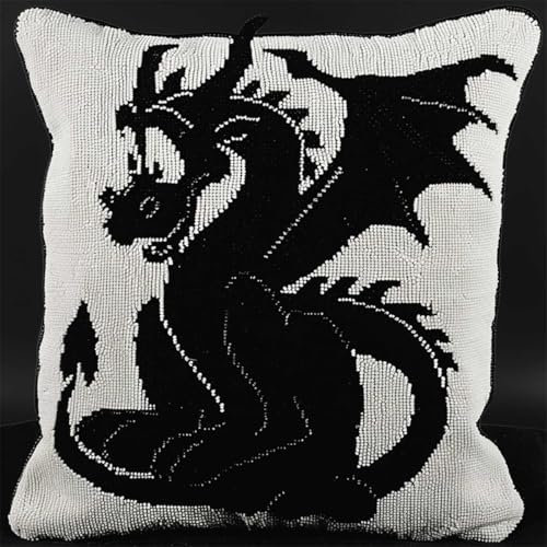 RKFLGEW DIY knüpfen set erwachsene Schwarzer Drache knüpfkissen Cartoon-Tiere Knüpfset für Kissen，DIY，handgefertigtes Kissen，Häkelgarn，Stickerei，Knüpfset für Kissenbezüge 43x43cm