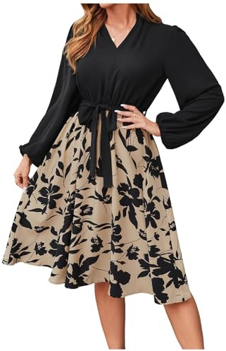 SweatyRocks Damen Blusenkleid Langarm Kleid Mit Gürtel Elegant Kleid Mit Blumen Midi Kleid Herbst A Linien Kleid Khaki L