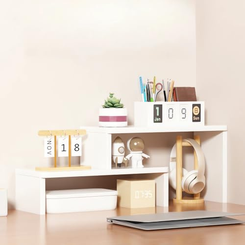 AUSHOPLAH Schreibtisch-Organizer-Regal, 2-stufiges Holz-Bücherregal, Minimalistisch E68 (weiß, 60X12X24CM)