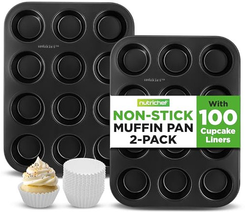 Nutrichef Teglie Forno, Confezione da 2, Teglie da Forno per Muffin 12 Stampi, Stampo Muffin Cupcake, Brownies, Budini, Dolci, Antiaderente Acciaio 33x25x2 cm Nero
