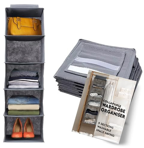 LKH Hanging Wardrobe Storage Organiser with 5 Shelves | Foldable Hanging Closet Organizer for Clothes, Shoes & Toys | 90x28x28cm Space-Saving Fabric Wardrobe Storage with Velcro Fastening