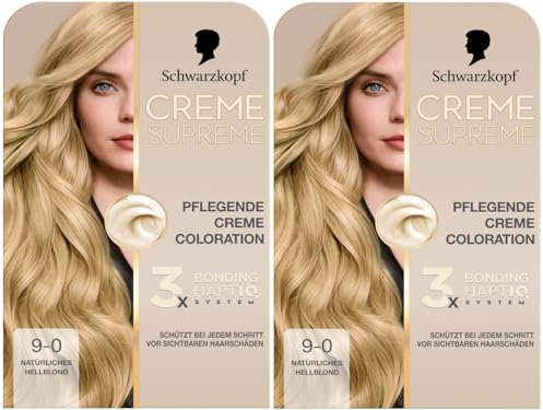 Schwarzkopf Creme Supreme Coloration 9-0 Natürliches Hellblond (2x 182 ml), dauerhafte Haarfarbe mit Serum und Haar-Maske schützt vor sichtbaren Haarschäden, für 100% Grauabdeckung