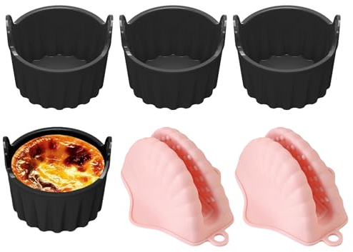4 Piezas Moldes de Silicona para Freidora de Aire, Antiadherentes y Reutilizables para Magdalenas, Cupcakes, Huevos, 2 Mini Guantes de Horno en Silicona Resistentes al Calor y Antideslizantes